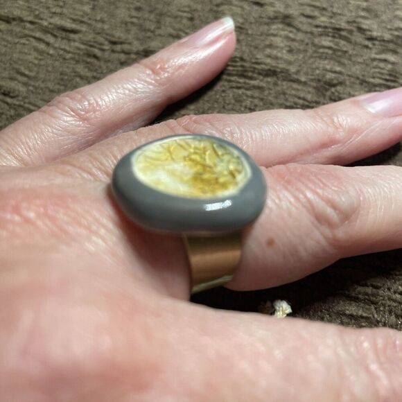 Yellow Gray Round Chunky Handmade Artisan Ceramic Glass Ring Adjustable One Size - Picture 3 of 6